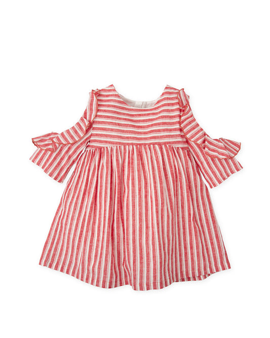 Red Striped Baby Girl Dress | Cold-Shoulder Ruffle Linen-Cotton