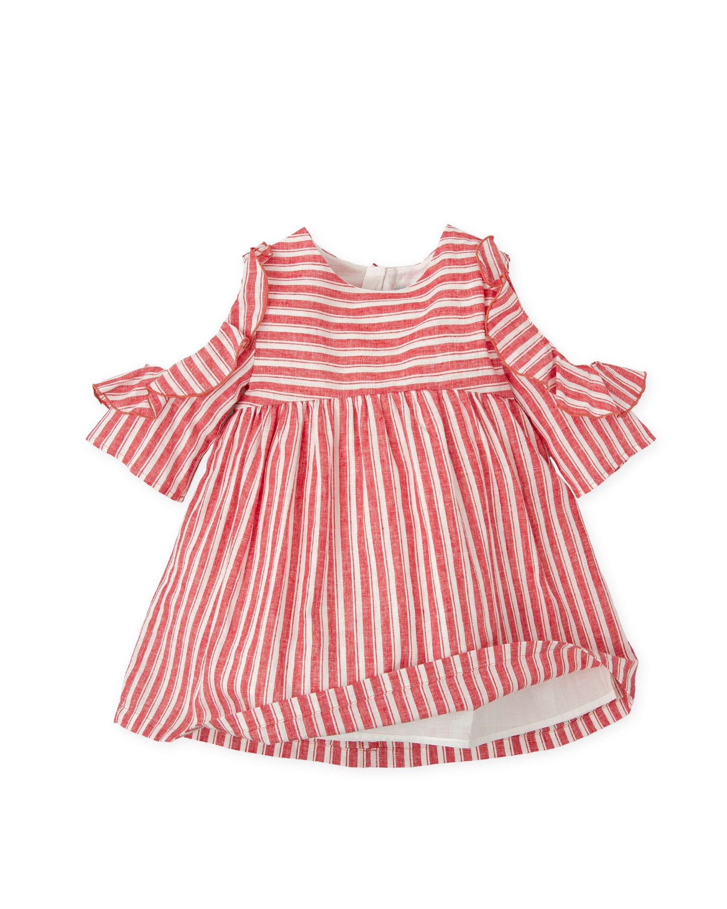 Red Striped Baby Girl Dress | Cold-Shoulder Ruffle Linen-Cotton
