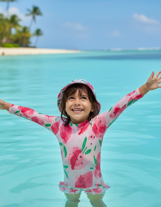 Strawberry Print Long Sleeve One-Piece Swimsuit for Kids - UPF Protection