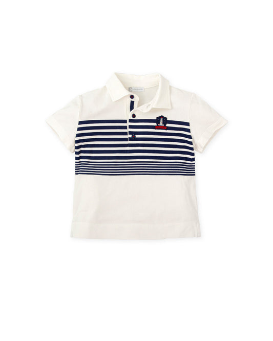 Boys' Striped Polo Shirt - Off White & Navy, Soft Cotton Blend
