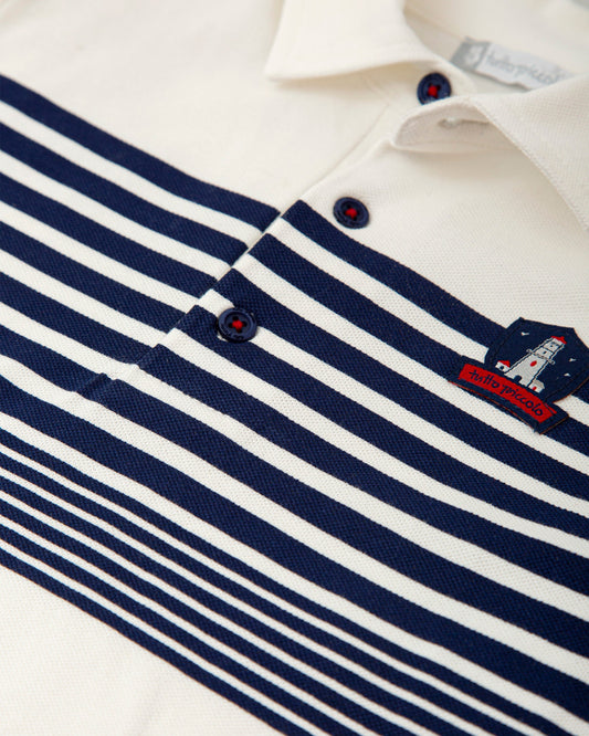 Boys' Striped Polo Shirt - Off White & Navy, Soft Cotton Blend