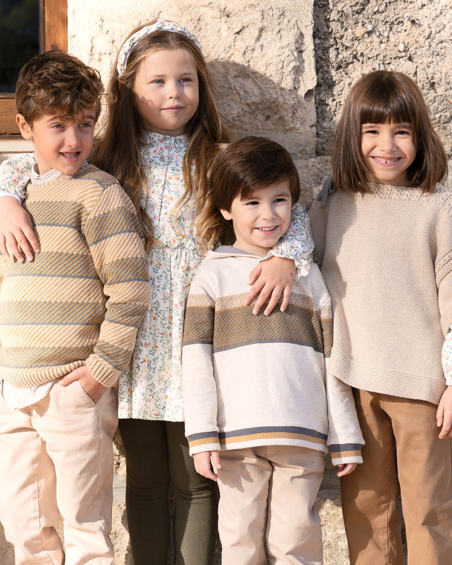 Kids' Sand Beige Fleece Hoodie with Modern Stripes