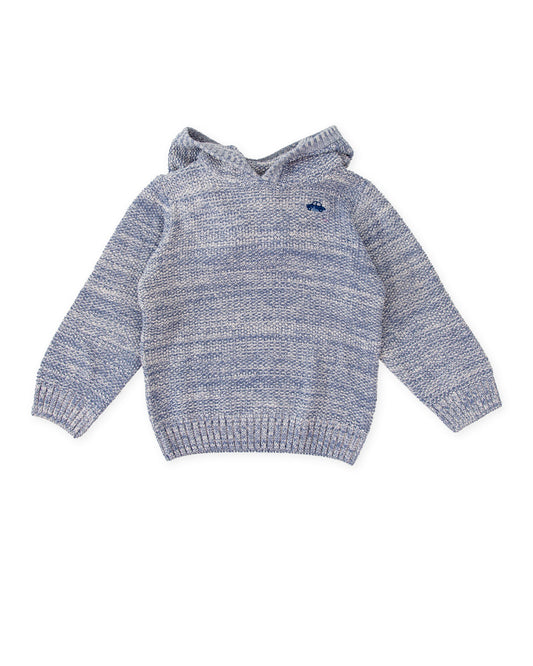 Kids' Cozy Blue Knit Hooded Sweater with Embroidered Detail