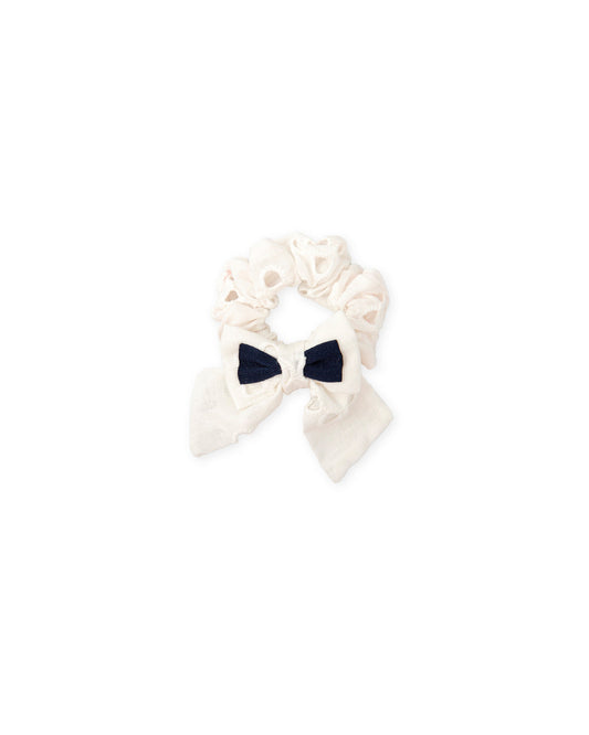 Girls' White Hair Scrunchie with Navy Bow - Soft, Breathable Fabric