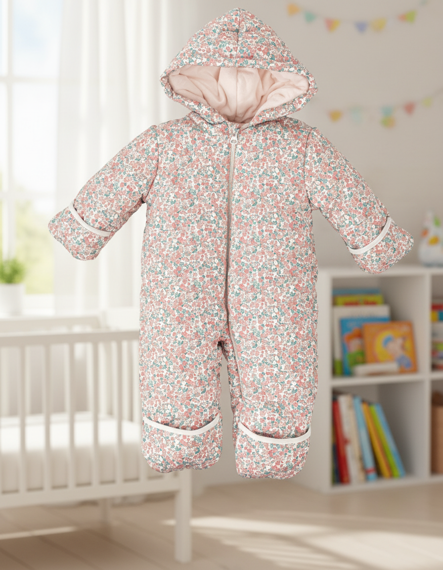 Cozy Newborn Pink Floral Snowsuit with Fleece Lining