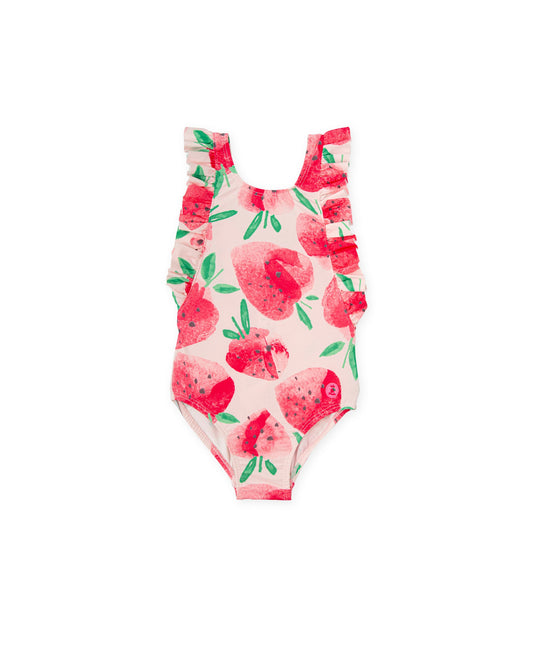 Girls' Strawberry Print One-Piece Swimsuit with Ruffled Straps