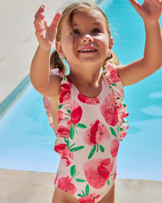 Girls' Strawberry Print One-Piece Swimsuit with Ruffled Straps
