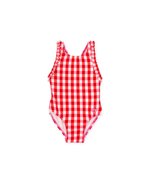 Girls' Red Gingham One-Piece Swimsuit with Ruffled Straps
