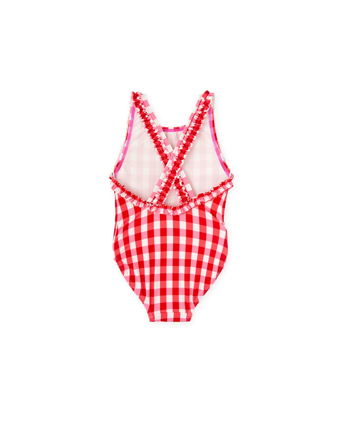 Girls' Red Gingham One-Piece Swimsuit with Ruffled Straps