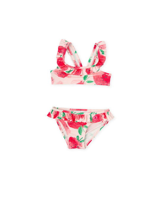 Girls' Strawberry Print Bikini with Frilly Straps & Ruffle Bottoms