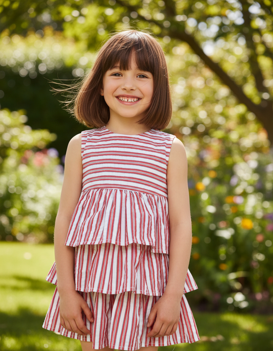 Girls' Tiered Ruffle Dress in Red, White & Navy Stripes | 100% Cotton