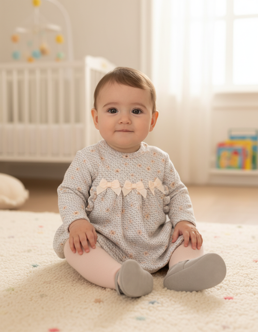 Taupe Floral Quilted Dress with Pink Tights Set for Girls