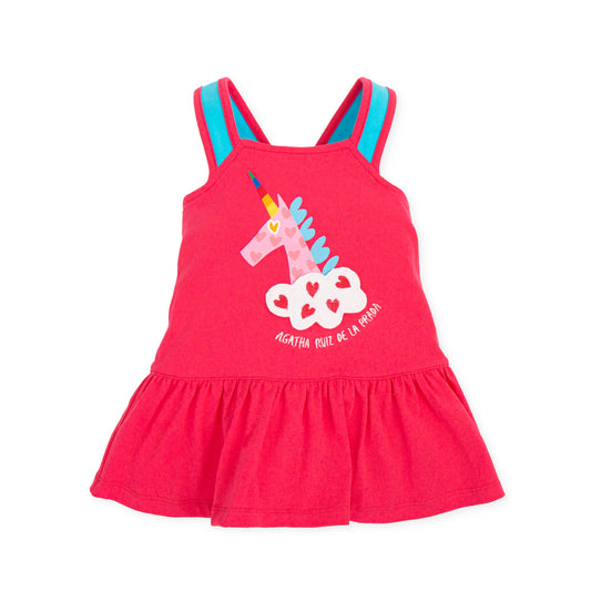 Coral Unicorn Sleeveless Dress with Elastic Back & Button Straps