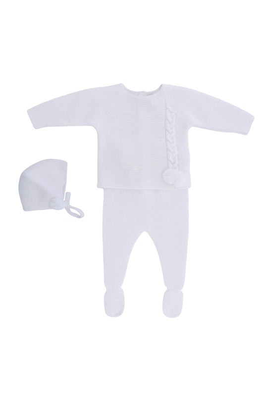 Cozy Ecru Baby Knit Set - Jumper, Leggings & Bonnet