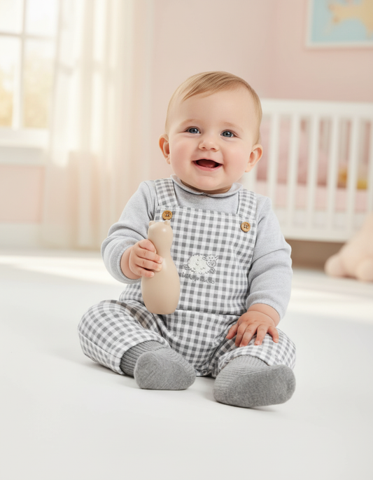 Cozy Gray Gingham Baby Jumpsuit with Sheep Embroidery