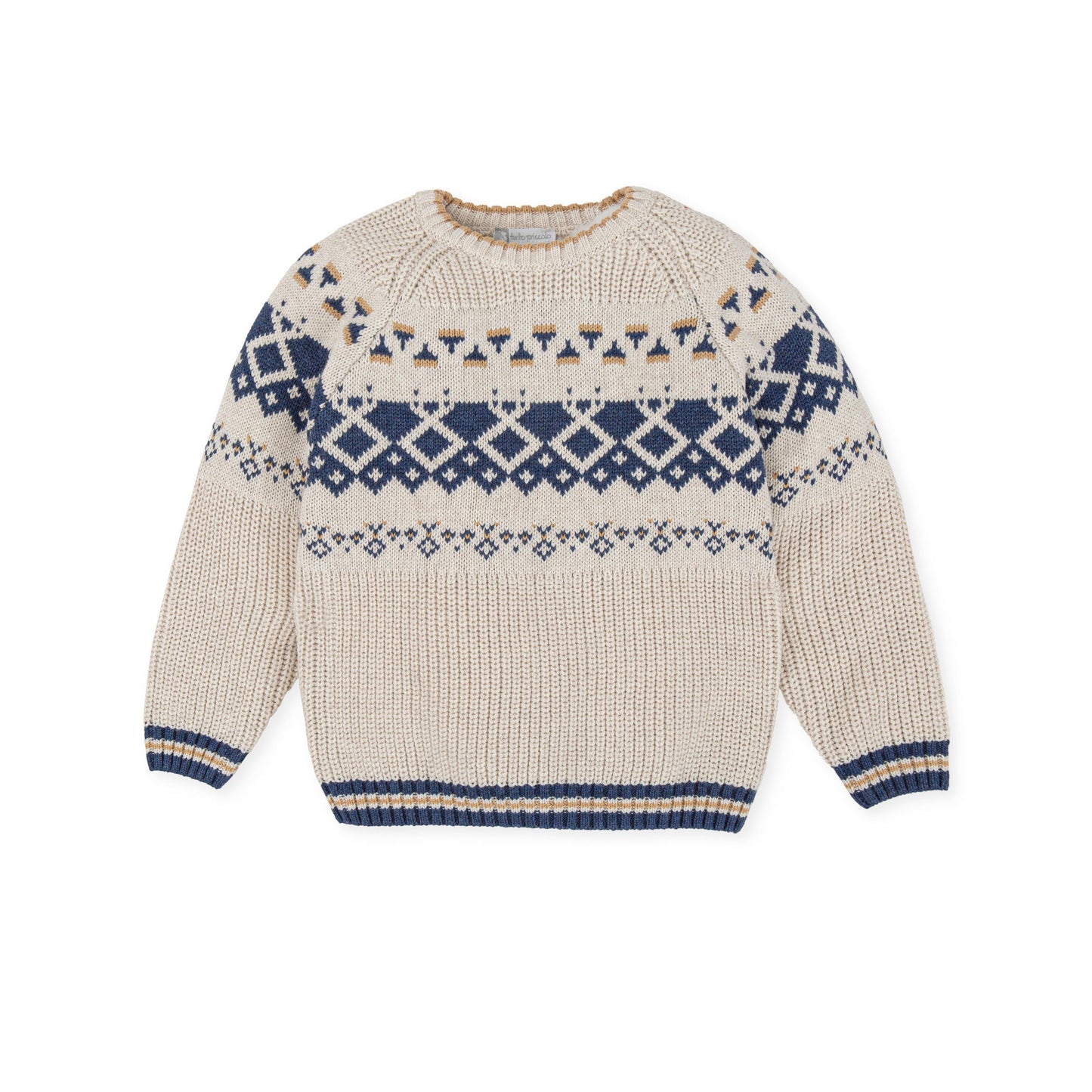 Elegant Ecru Knit Sweater with Fretwork Detail - Cotton Blend