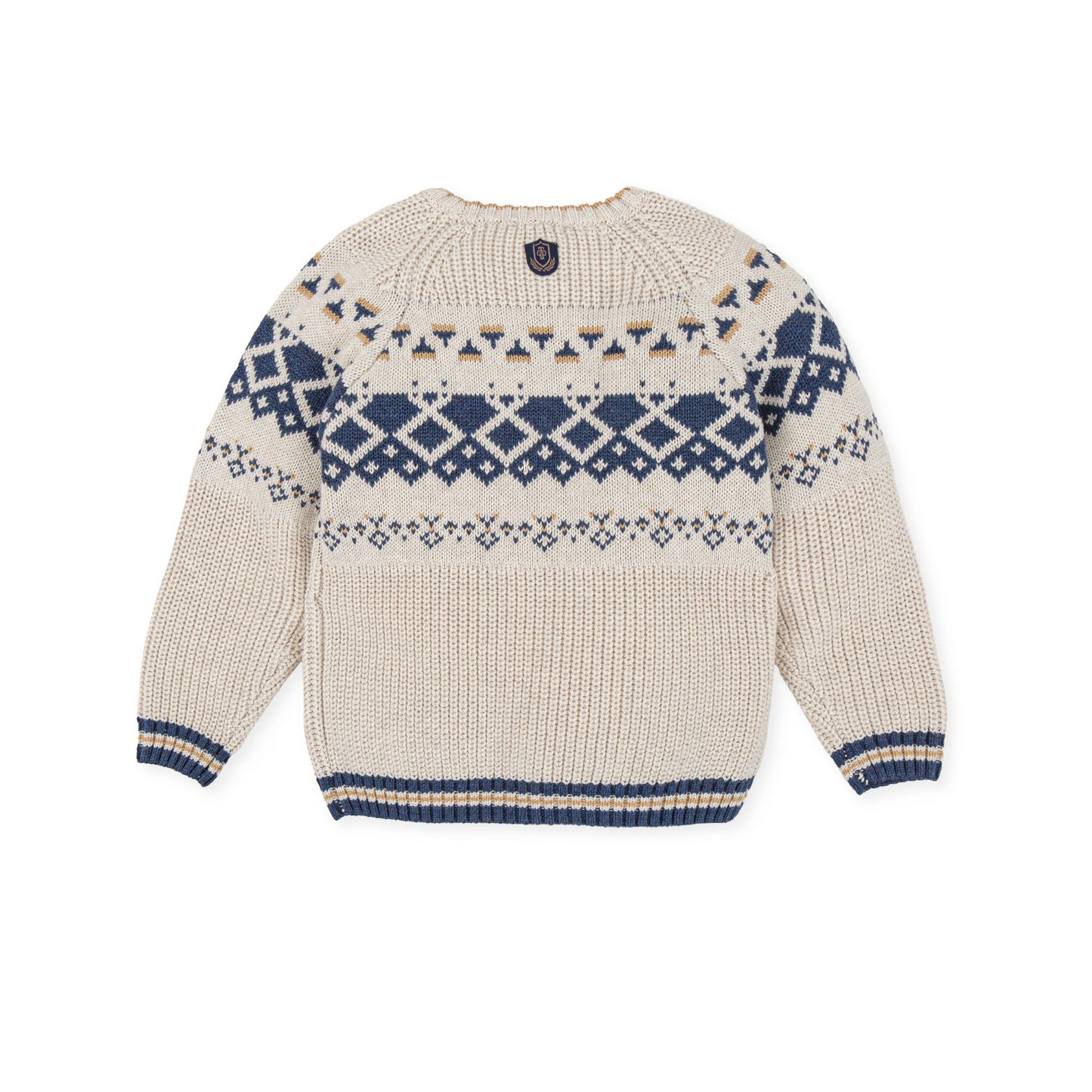 Elegant Ecru Knit Sweater with Fretwork Detail - Cotton Blend