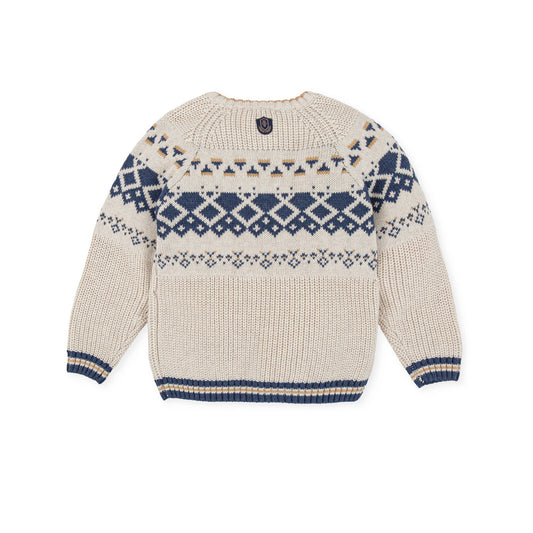 Elegant Ecru Knit Sweater with Fretwork Detail - Cotton Blend