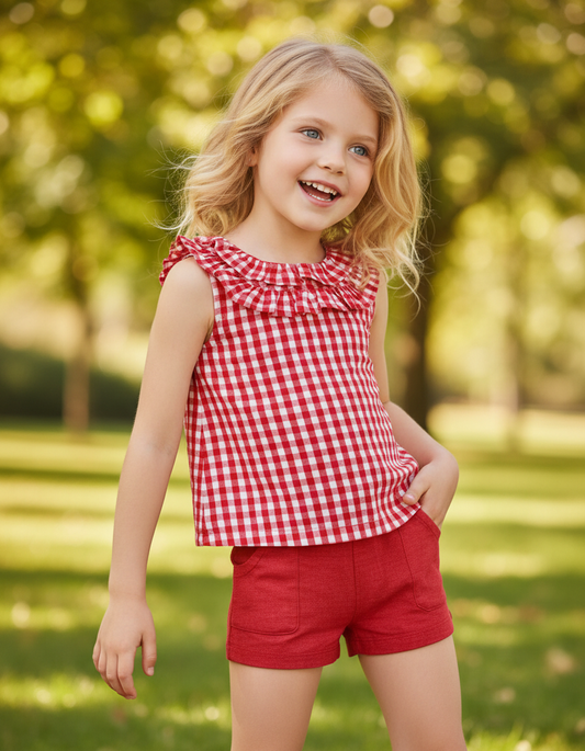 Chic Red Two-Piece Set with Gingham Top and Knit Shorts