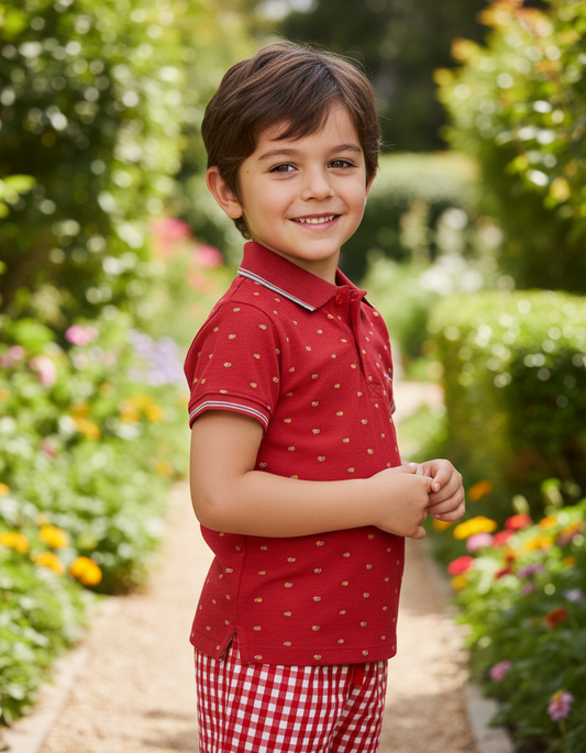 Vibrant Red Knit Polo & Checkered Shorts Set - Stylish & Comfy