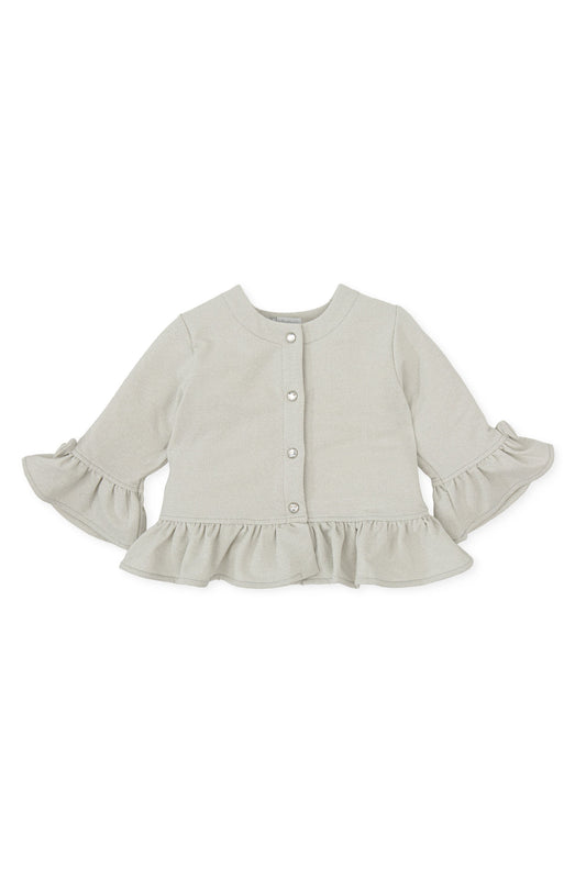 Elegant Ecru Metallic Sheen Jacket with Ruffle Details