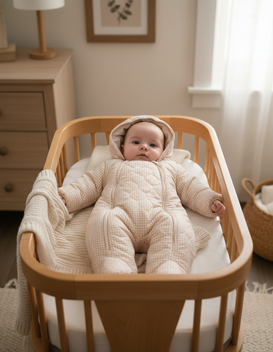 Cozy Quilted Baby Pramsuit in Sand Gingham - Winter Essential