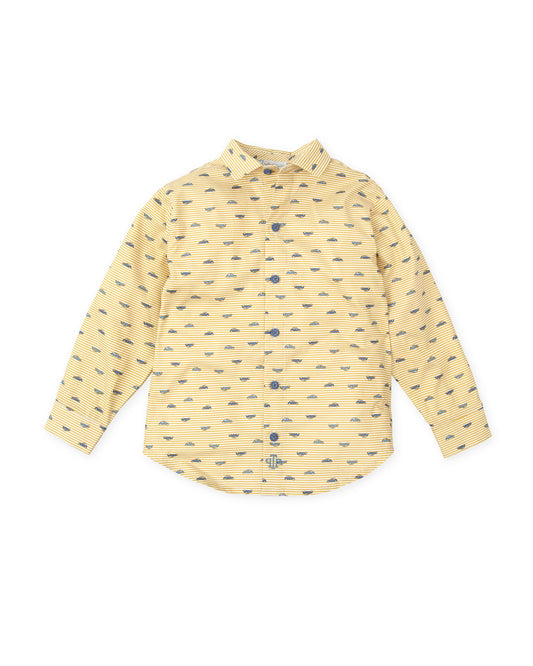 Men's Mustard Oxford Shirt with Car Print - 100% Cotton