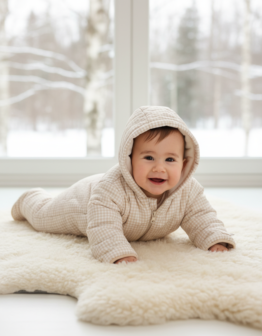 Cozy Quilted Baby Pramsuit in Sand Gingham - Winter Essential