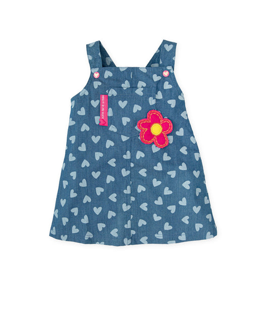 Indigo Chambray Dress with Heart Print & Floral Embroidery