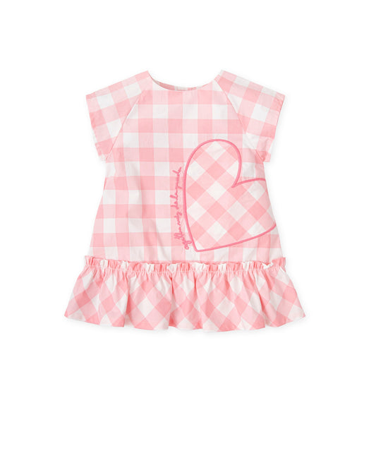 Chic Pink Gingham Dress with Heart Embroidery & Button Back