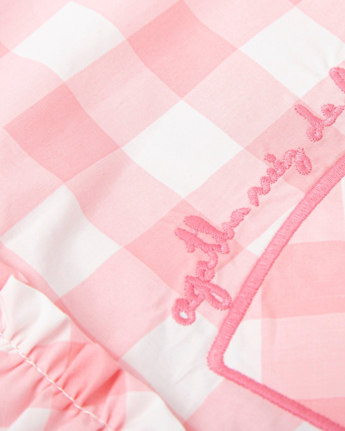 Chic Pink Gingham Dress with Heart Embroidery & Button Back