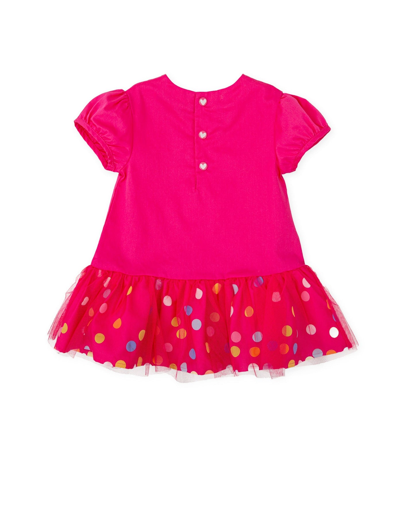 Elegant Fuchsia Satin Dress with Multicolor Ruffle & Tulle Overlay