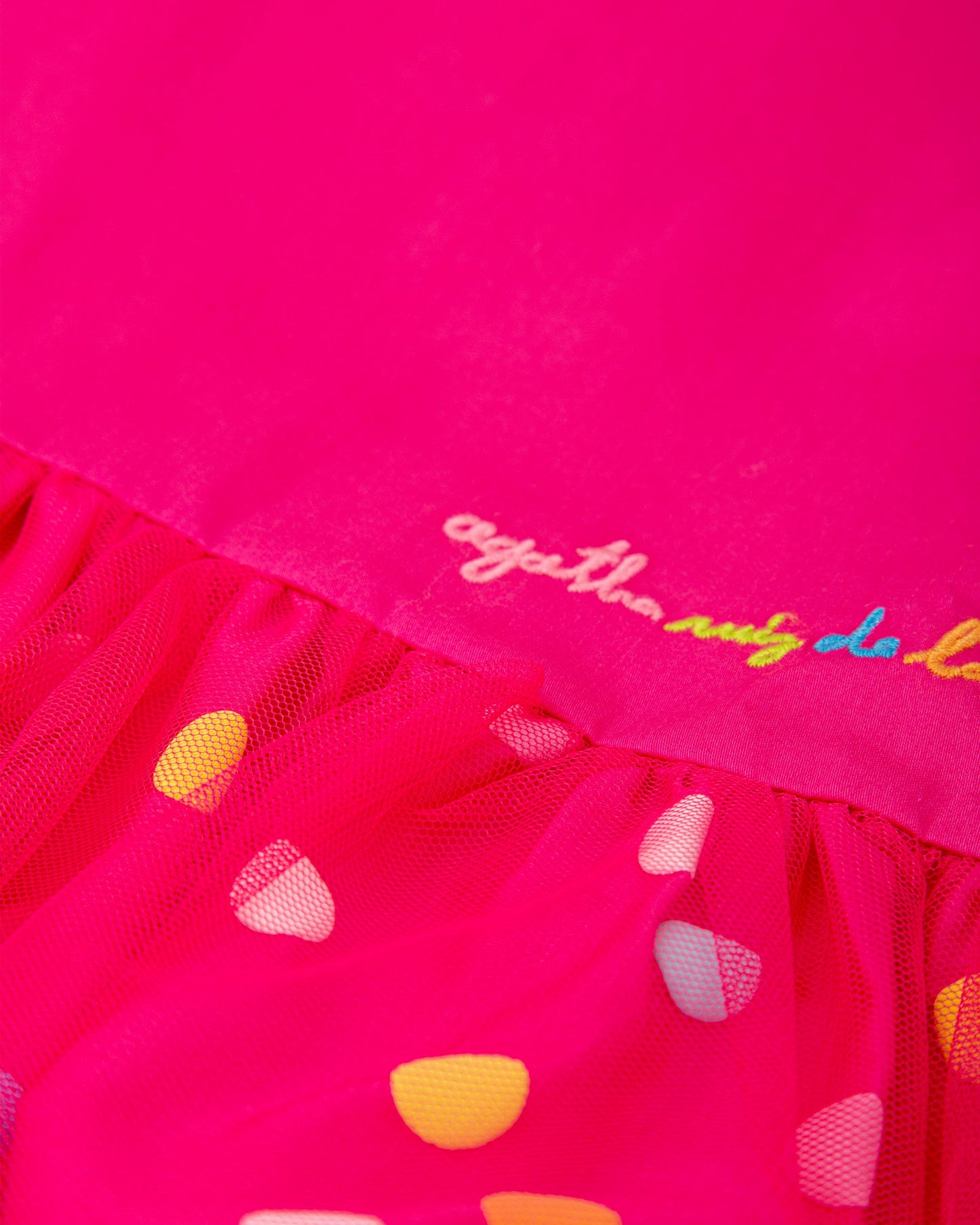 Elegant Fuchsia Satin Dress with Multicolor Ruffle & Tulle Overlay
