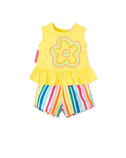 Cheerful Kids' Yellow Floral T-Shirt & Striped Shorts Set