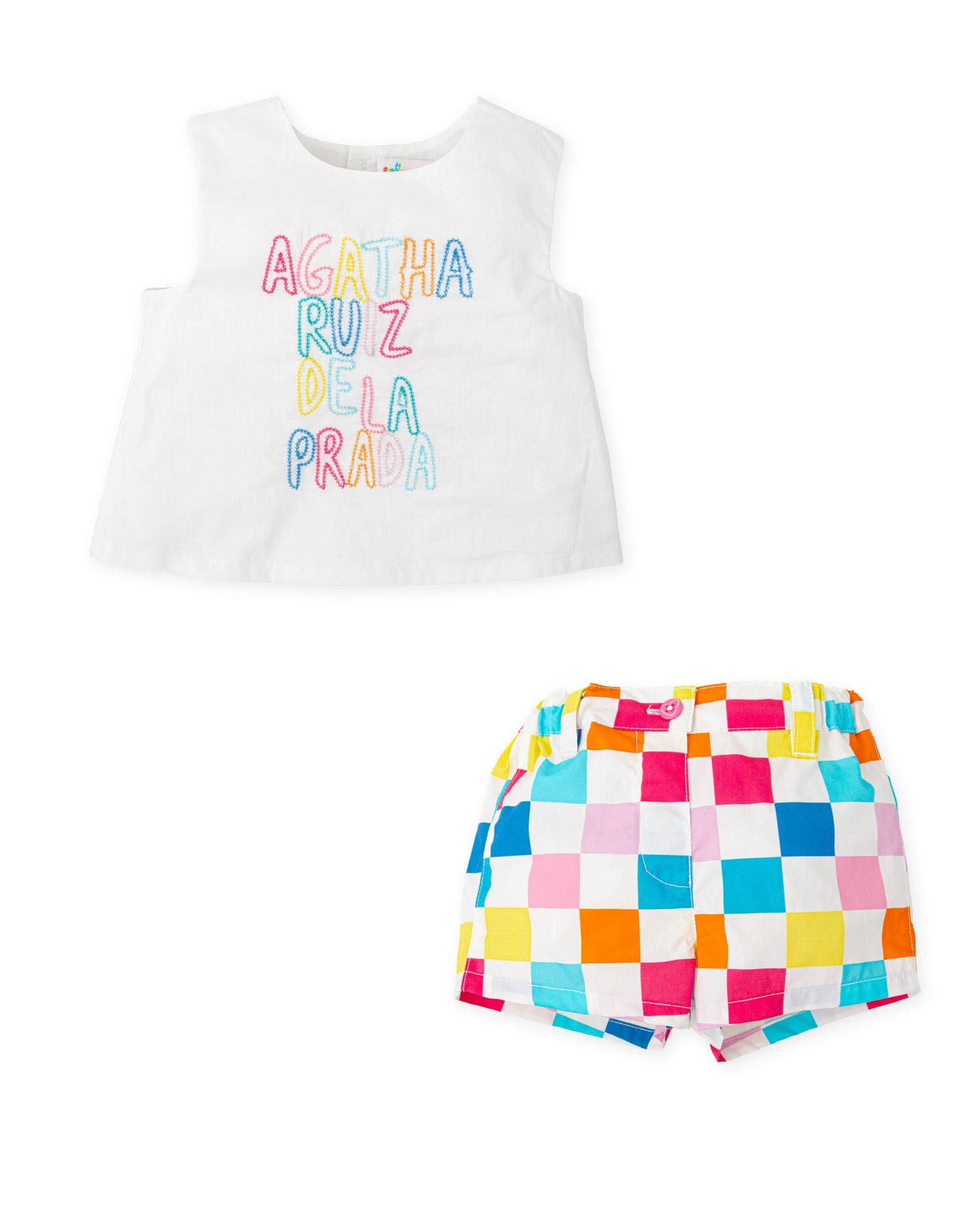 Elegant White Voile Embroidered Top & Plaid Satin Shorts Set