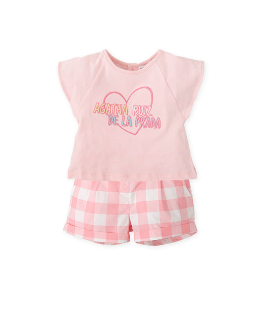 Chic Pink Heart Embroidered T-Shirt & Gingham Shorts Set