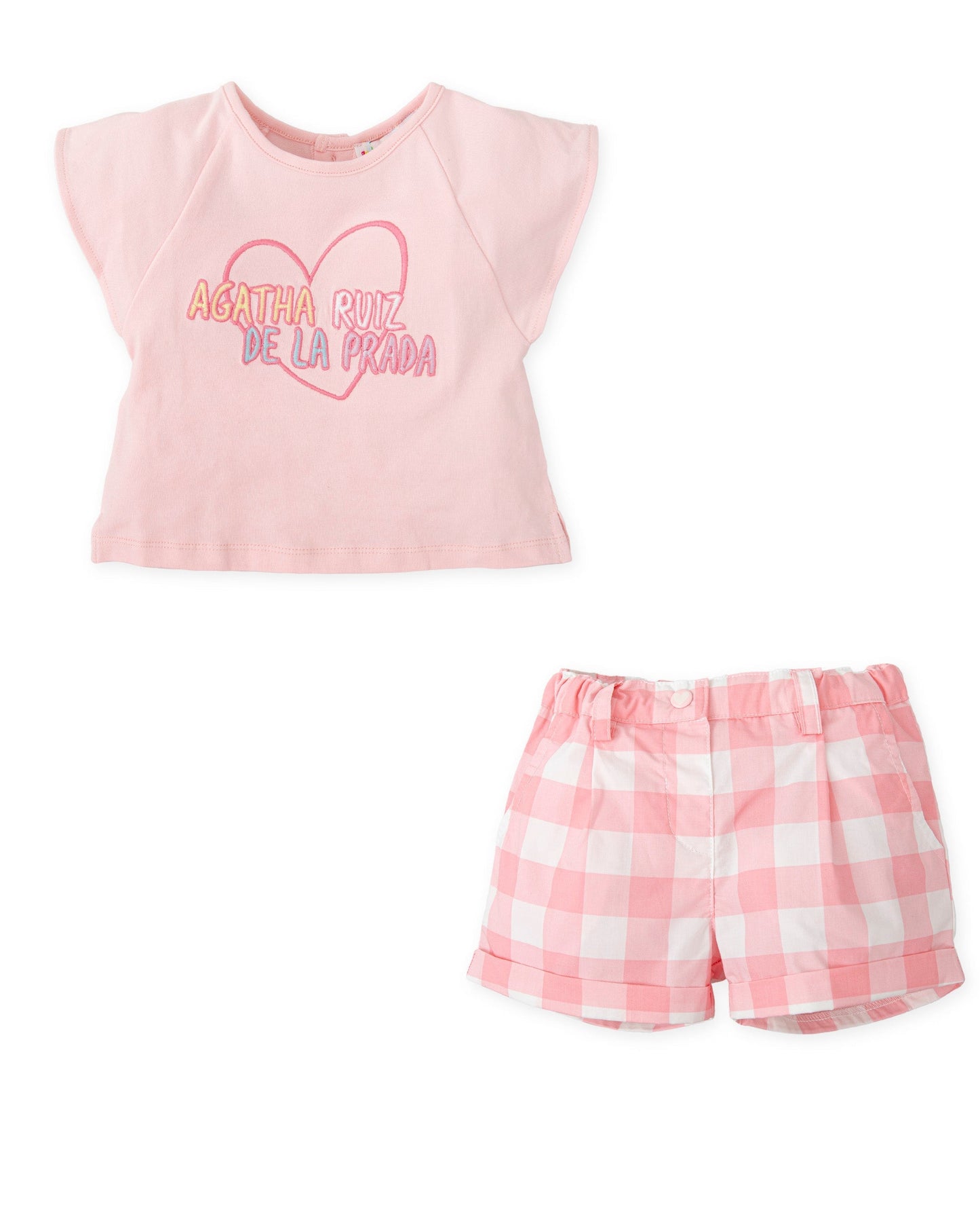 Chic Pink Heart Embroidered T-Shirt & Gingham Shorts Set