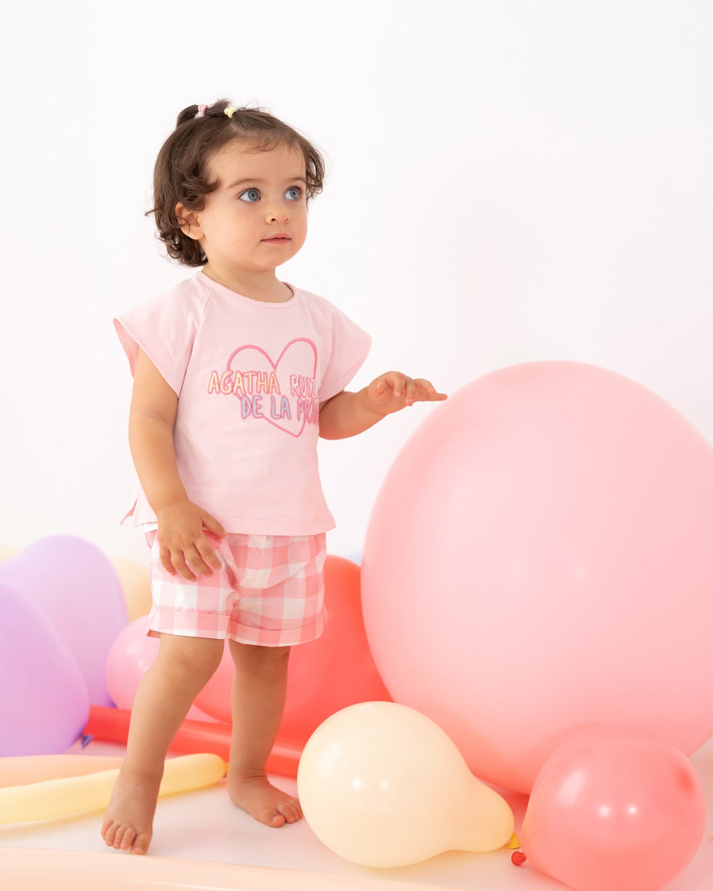 Chic Pink Heart Embroidered T-Shirt & Gingham Shorts Set