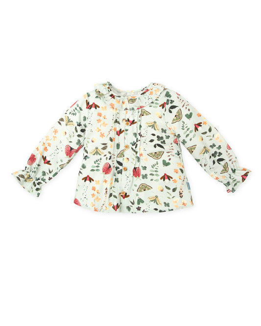 Elegant Sea Green Floral Blouse with Ruffled Neckline