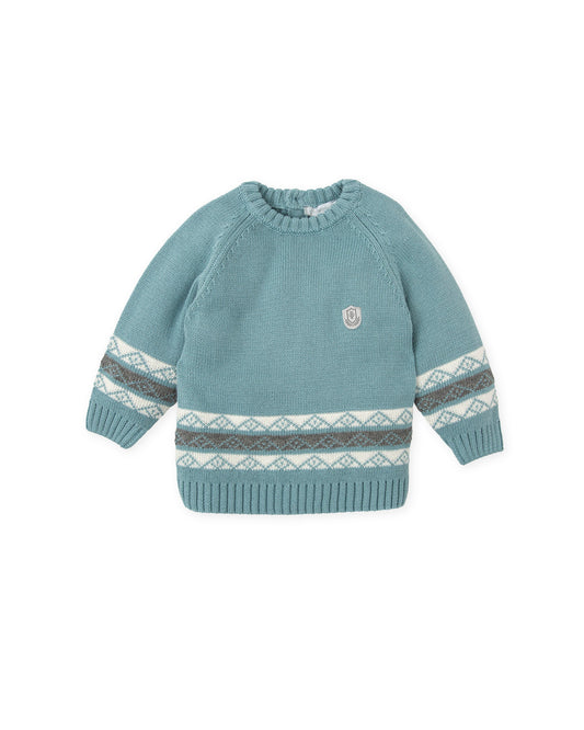 Elegant Sea Green Knit Sweater with Intarsia Pattern