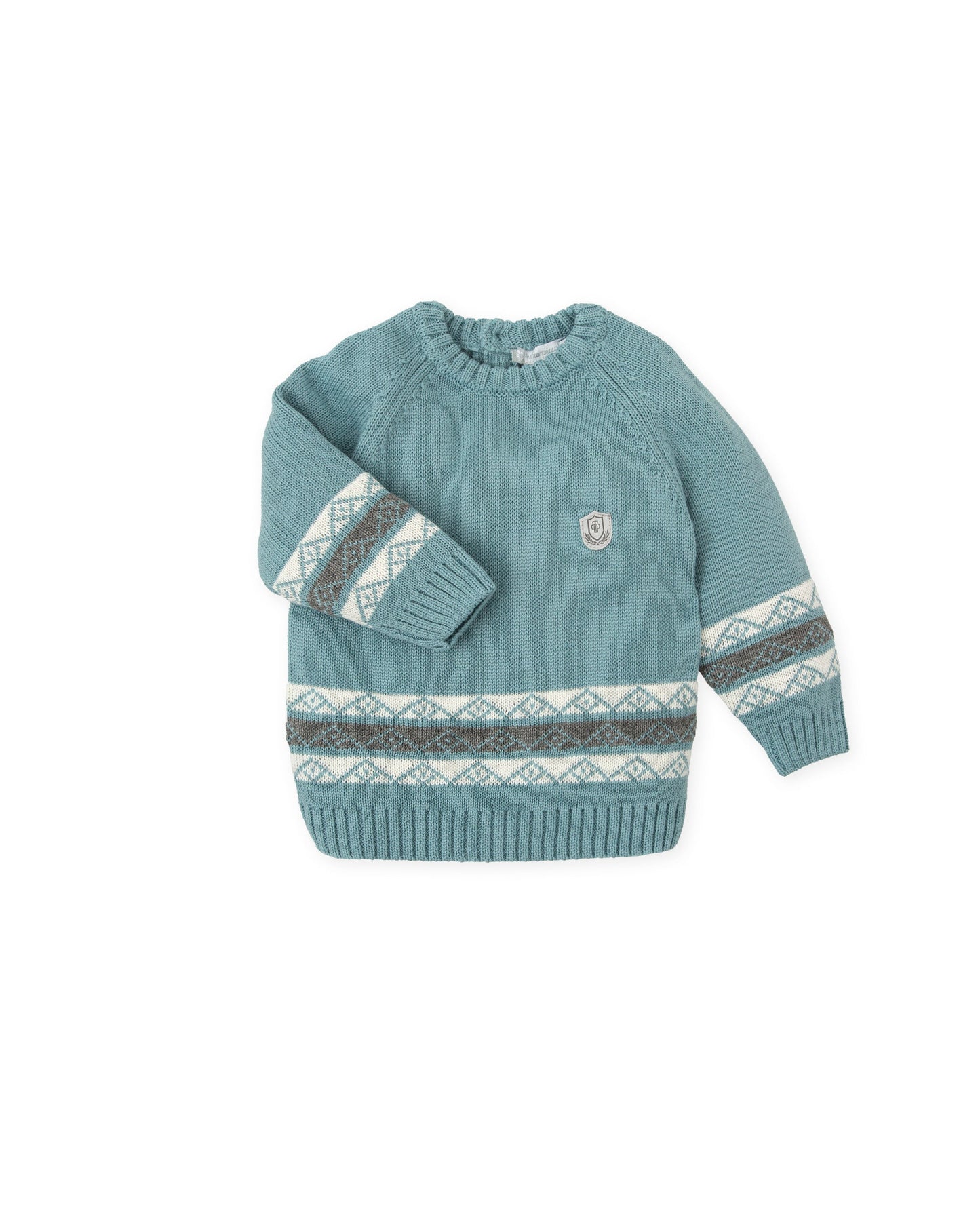 Elegant Sea Green Knit Sweater with Intarsia Pattern