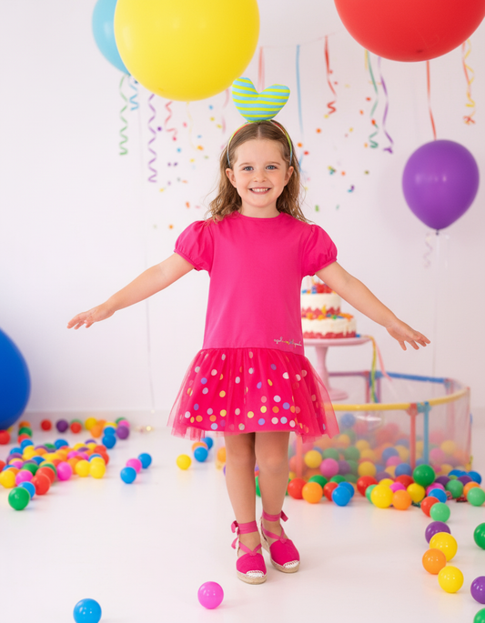 Elegant Fuchsia Satin Dress with Multicolor Ruffle & Tulle Overlay