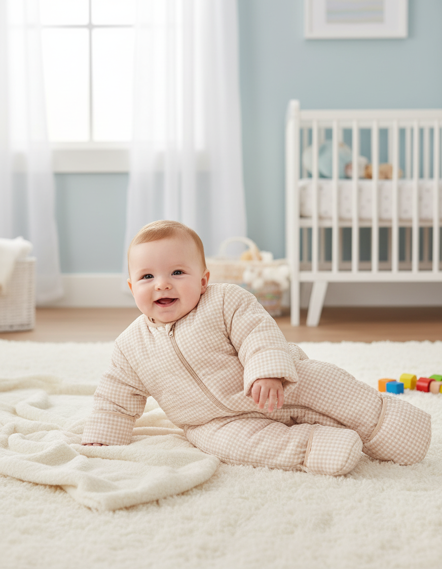 Cozy Quilted Baby Pramsuit in Sand Gingham - Winter Essential