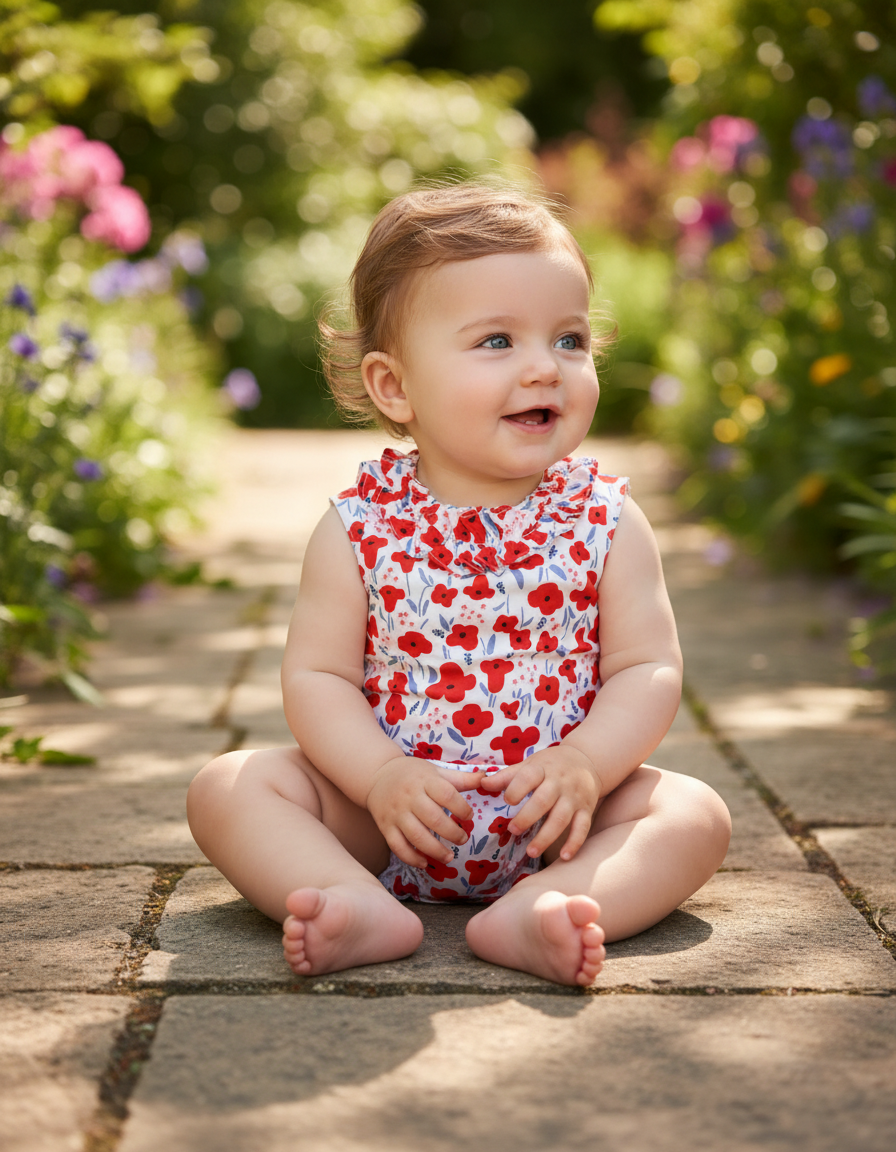Charming Red Poppy Baby Girl Romper with Ruffle Collar
