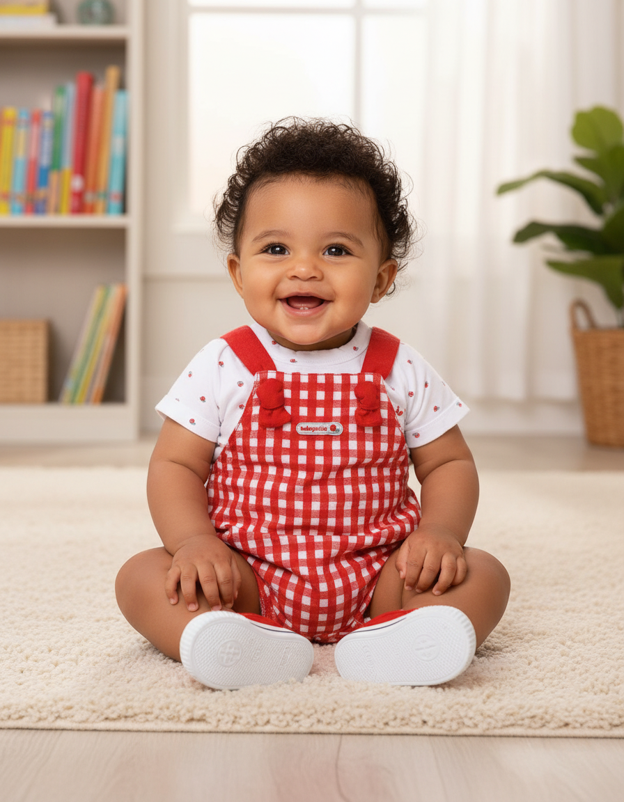 Charming Red Checkered Overalls & Snail Print T-Shirt Set