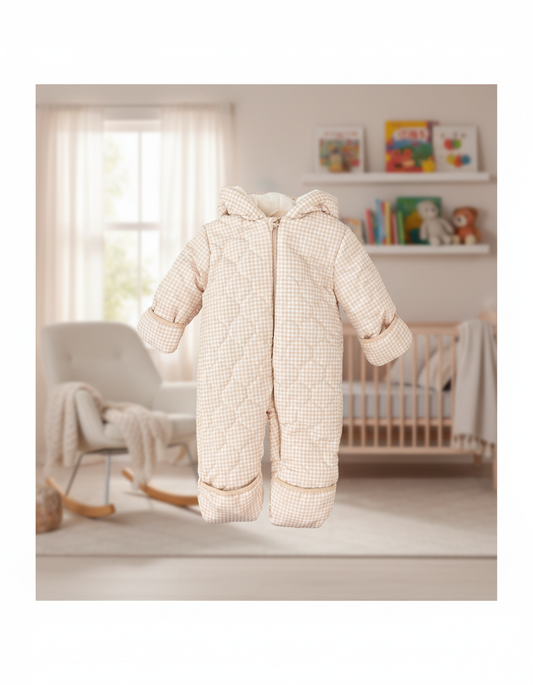 Cozy Quilted Baby Pramsuit in Sand Gingham - Winter Essential