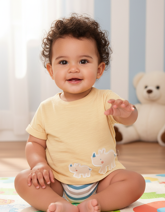 Yellow Baby Boy Outfit | Rhino T-Shirt & Striped Shorts Set | 100% Cotton