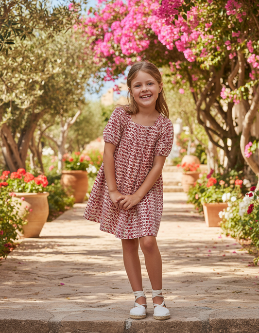 Red Puff Sleeve Dress for Baby Girls | Linen-Viscose Blend | Fish Print