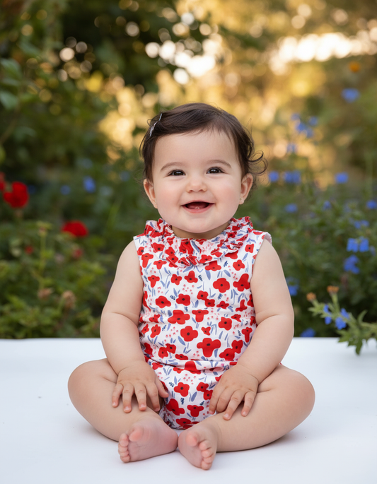 Charming Red Poppy Baby Girl Romper with Ruffle Collar