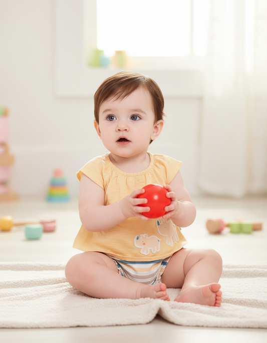 Yellow Baby Outfit Set: Rhino Top & Striped Bloomers - 100% Cotton